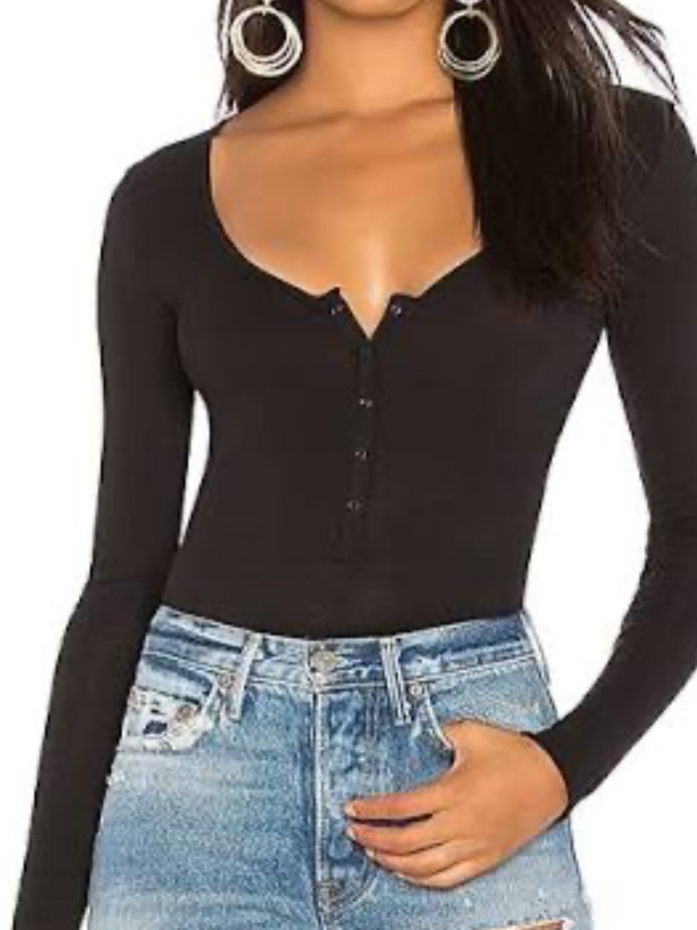 NWT Free People Henley Black Long-Sleeve Snap-Front Bodysuit in black size small